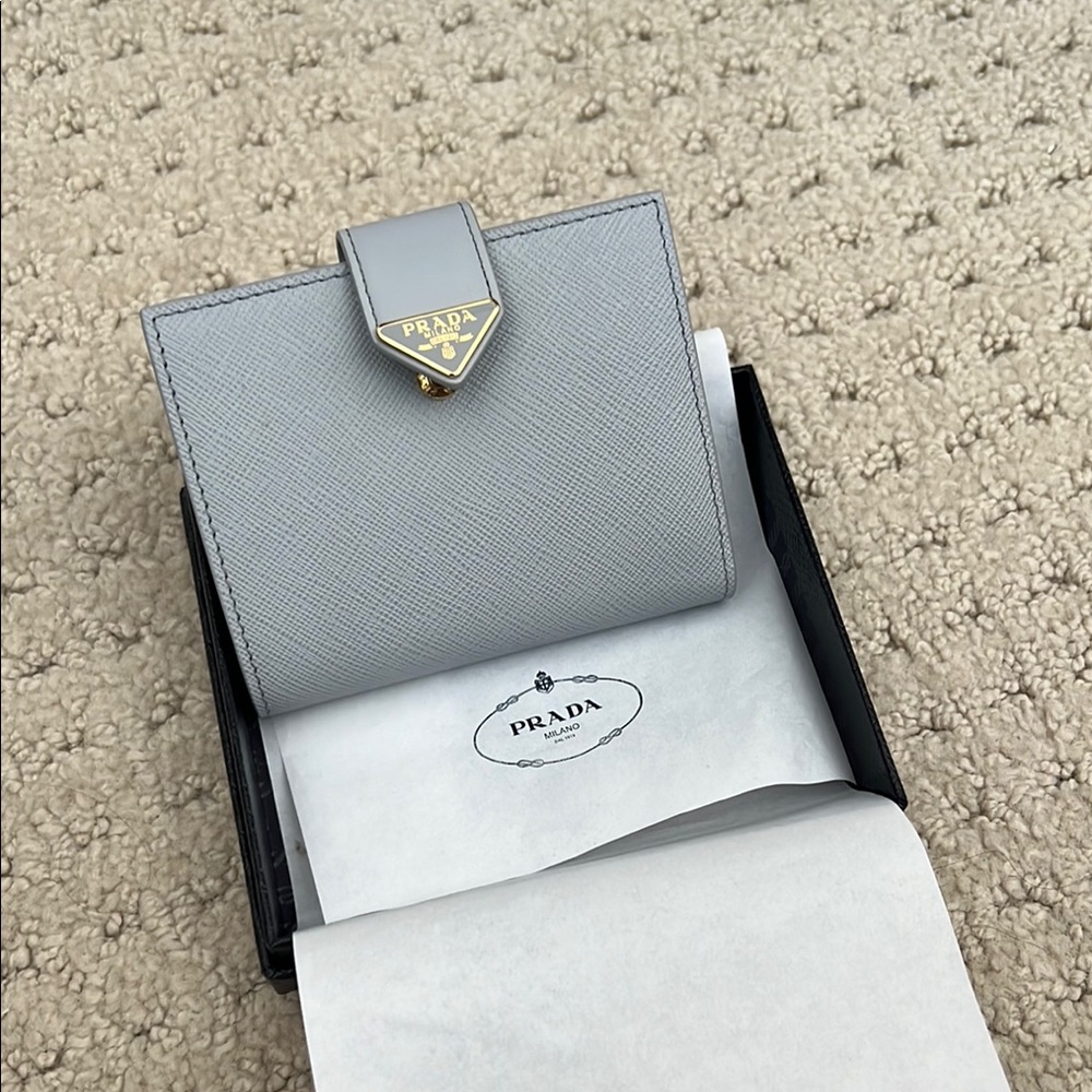 Prada Light Gray Wallet with Gold Accent